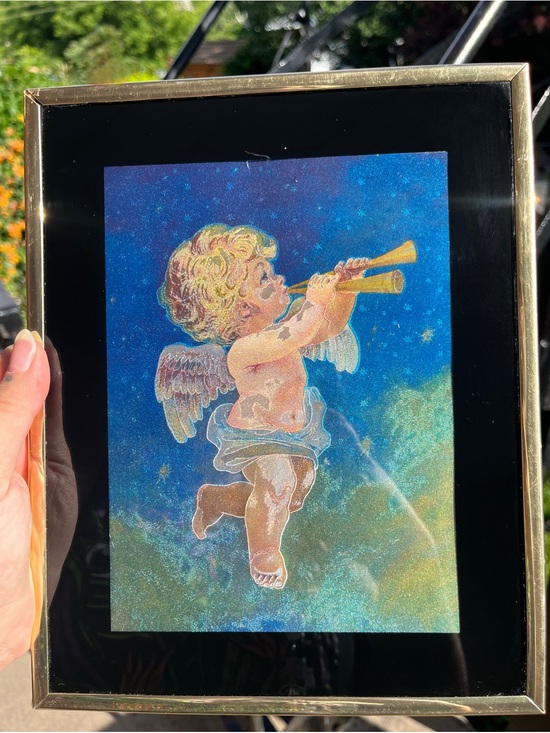 Other - Vintage 1990s Holographic Cherub Angel Wall Foil Art Framed Heavenly Victorian